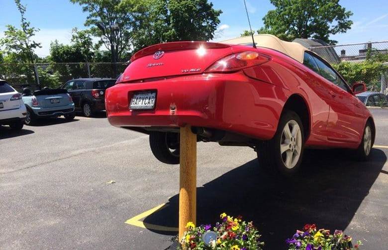 Preventable Car Park Accidents 1 5 Totally Preventable Car Park Accidents 1 Red convertible impaled on bollard in car park. Preventable car accidents happen; this one features a car with the license plate HAPYCAR.