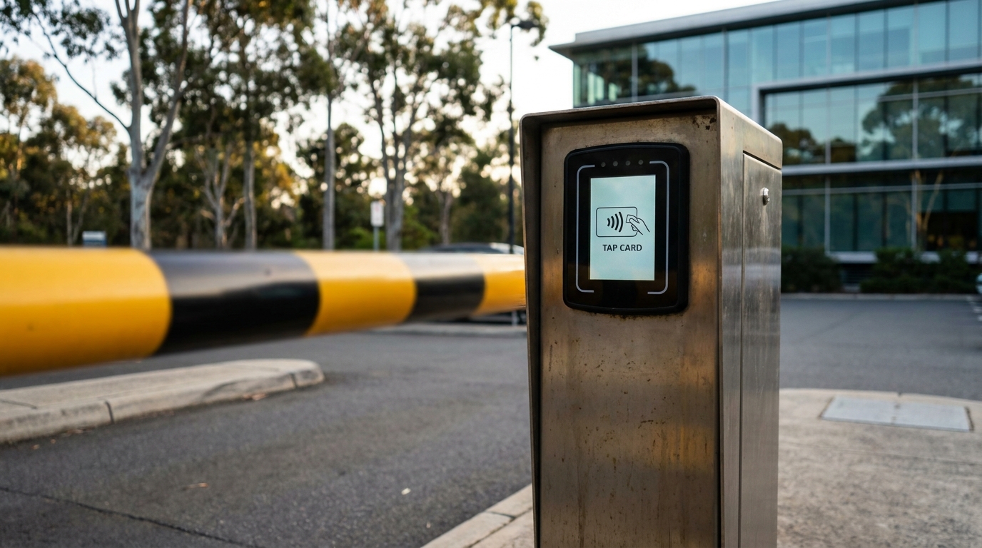 boom gates control How Do Boom Gates Work? A Plain-English Guide for Perth Sites 2 Card reader controlling an automatic boom gate — Image Extra