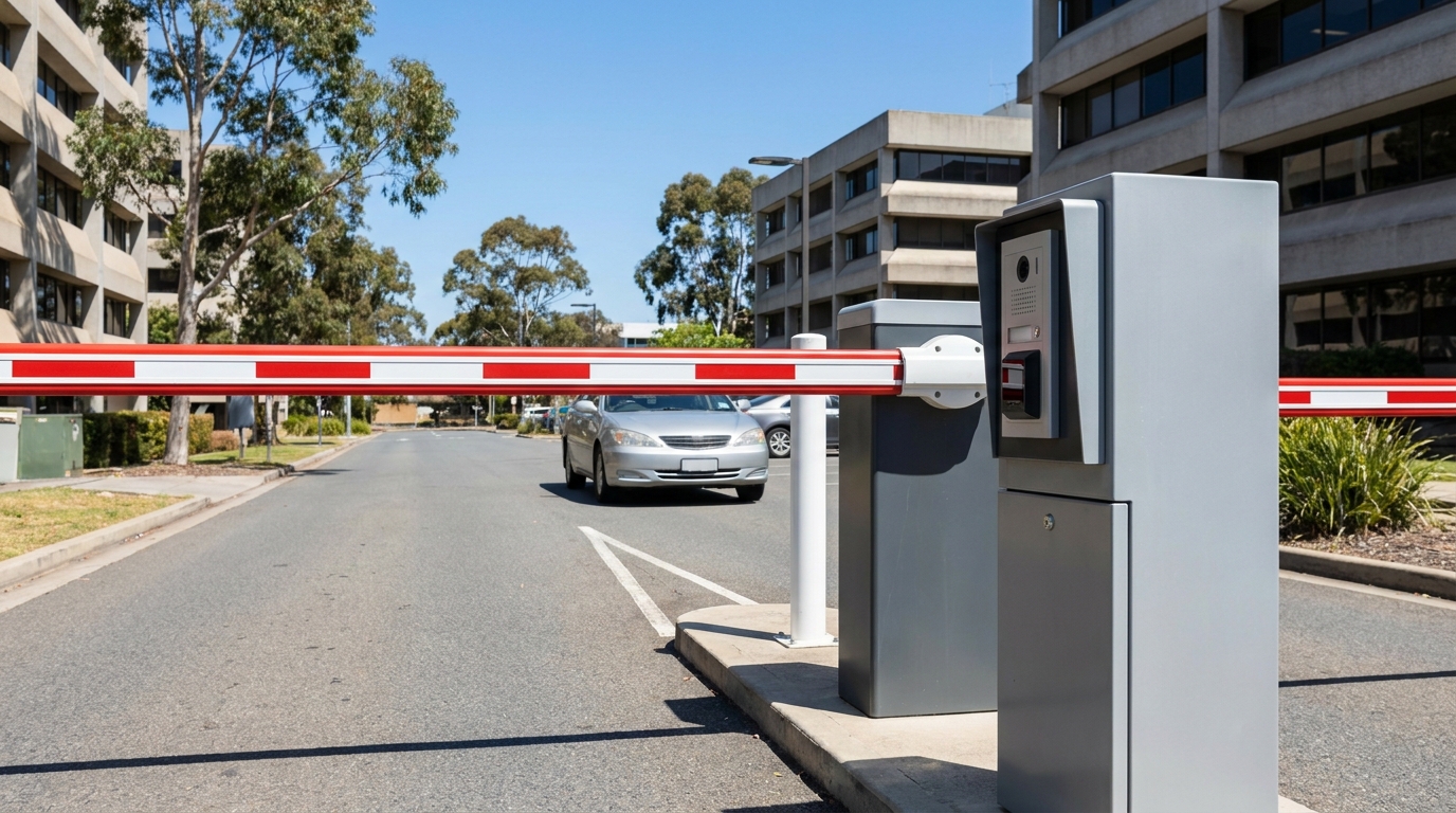 boom gates hero How Do Boom Gates Work? A Plain-English Guide for Perth Sites 3 Automatic boom gate at a commercial car park entry — Image Extra